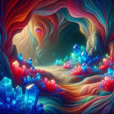 The primary subject of the image is a colorful, surreal landscape featuring a variety of crystals and otherworldly structures. The setting is a cave-like environment with a vibrant, rainbow-colored atmosphere. The visual style is a combination of digital art and illustration, creating a unique and imaginative scene. The dominant colors are a mix of blue, green, red, and yellow, giving the image a lively and fantastical mood.
